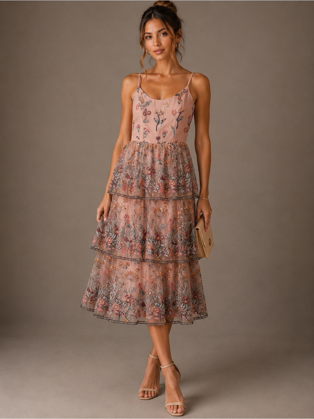 Dress the Population Pink Floral Embroidered Sequins Tiered Midi Party Dress